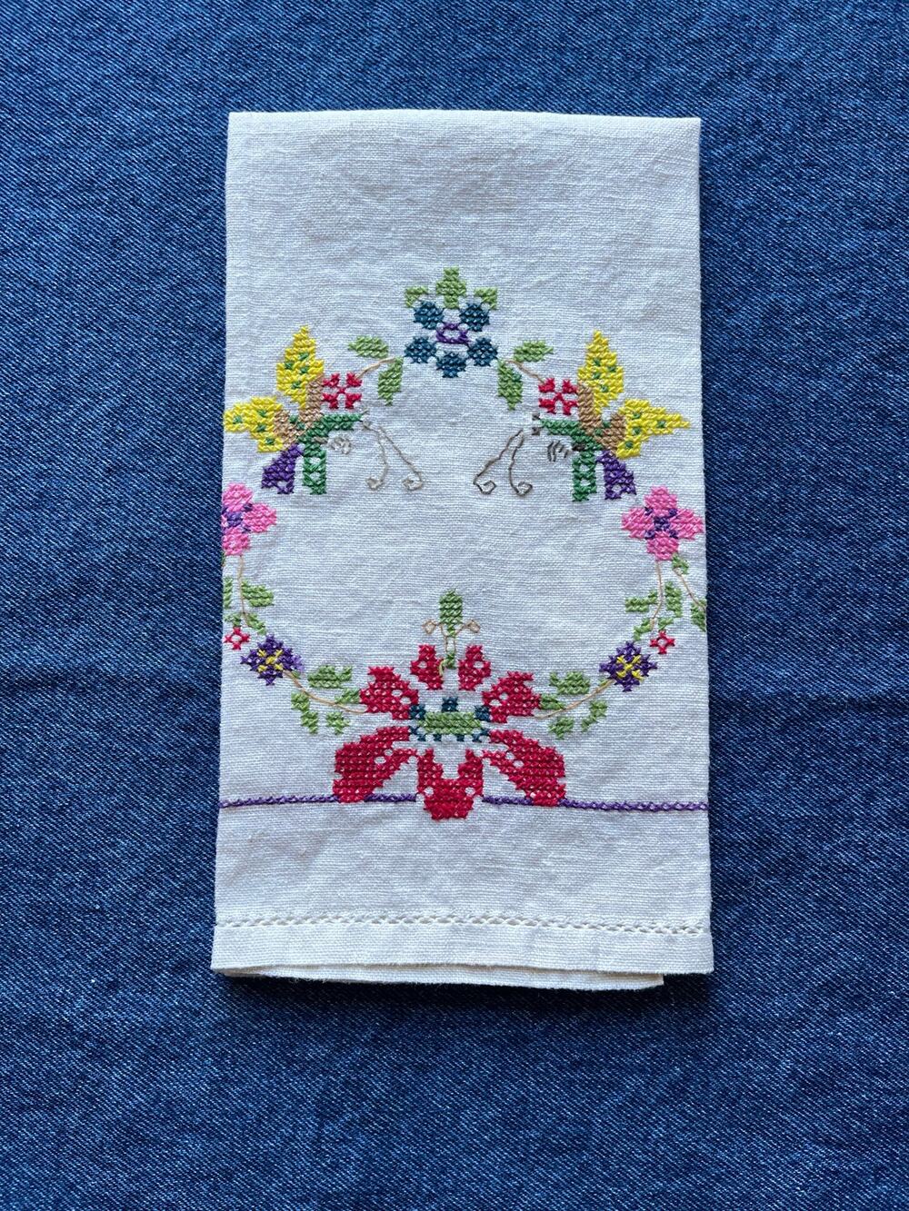 Vintage Petite Point Floral Tea Towel